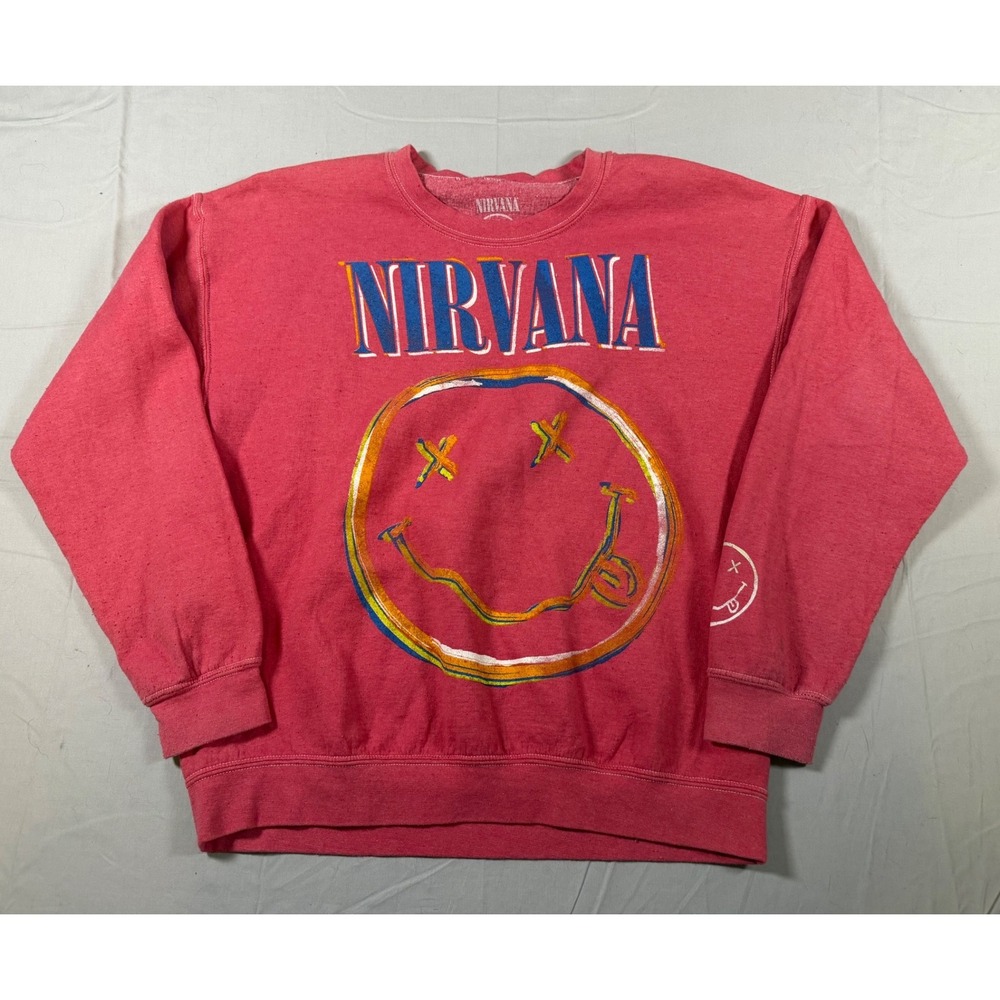 Nirvana Pink Graphic Smiley Face Crewneck Sweatshirt Medium Band Merch Grunge